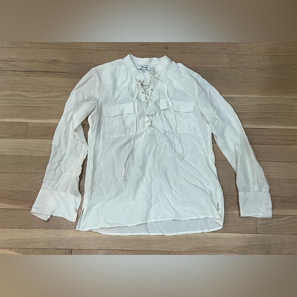 Madewell Silk Lace-up Shirt Blouse Windowpane Ivory Off White Size XXS